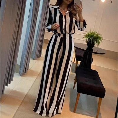 Women’s Striped 2-Piece Set – Shirt & Wide Leg Pants (Casual Summer Look)